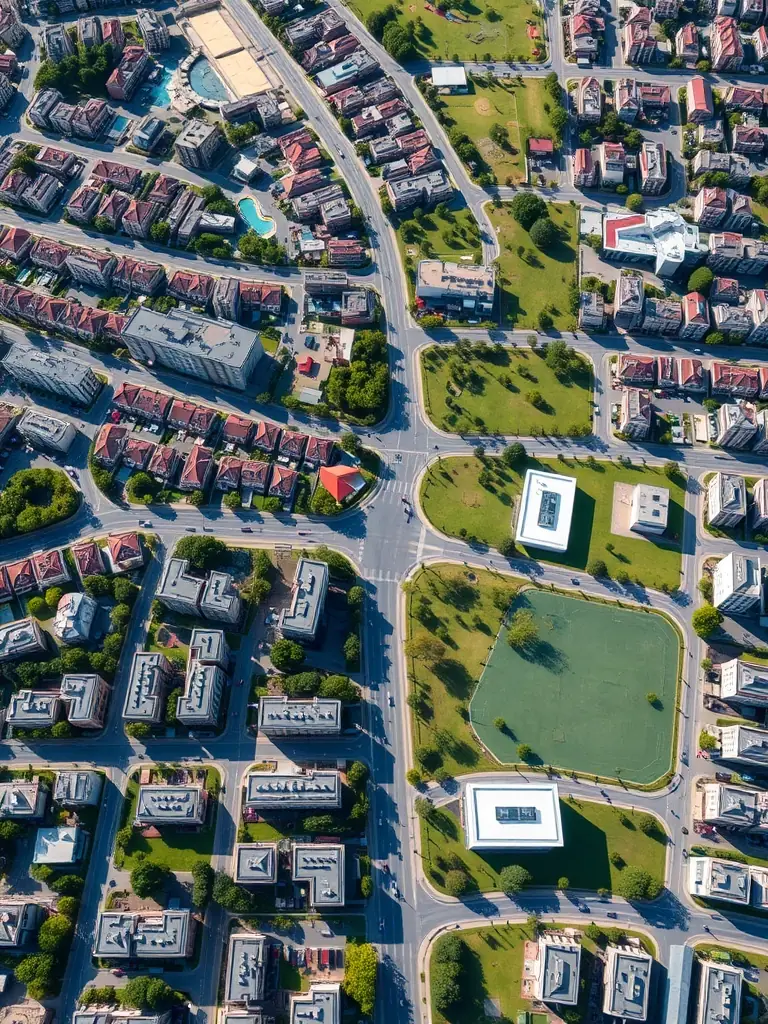 An aerial view of a well-structured urban area, showcasing a clear layout of residential, commercial, and recreational zones, demonstrating a cohesive and organized urban design.