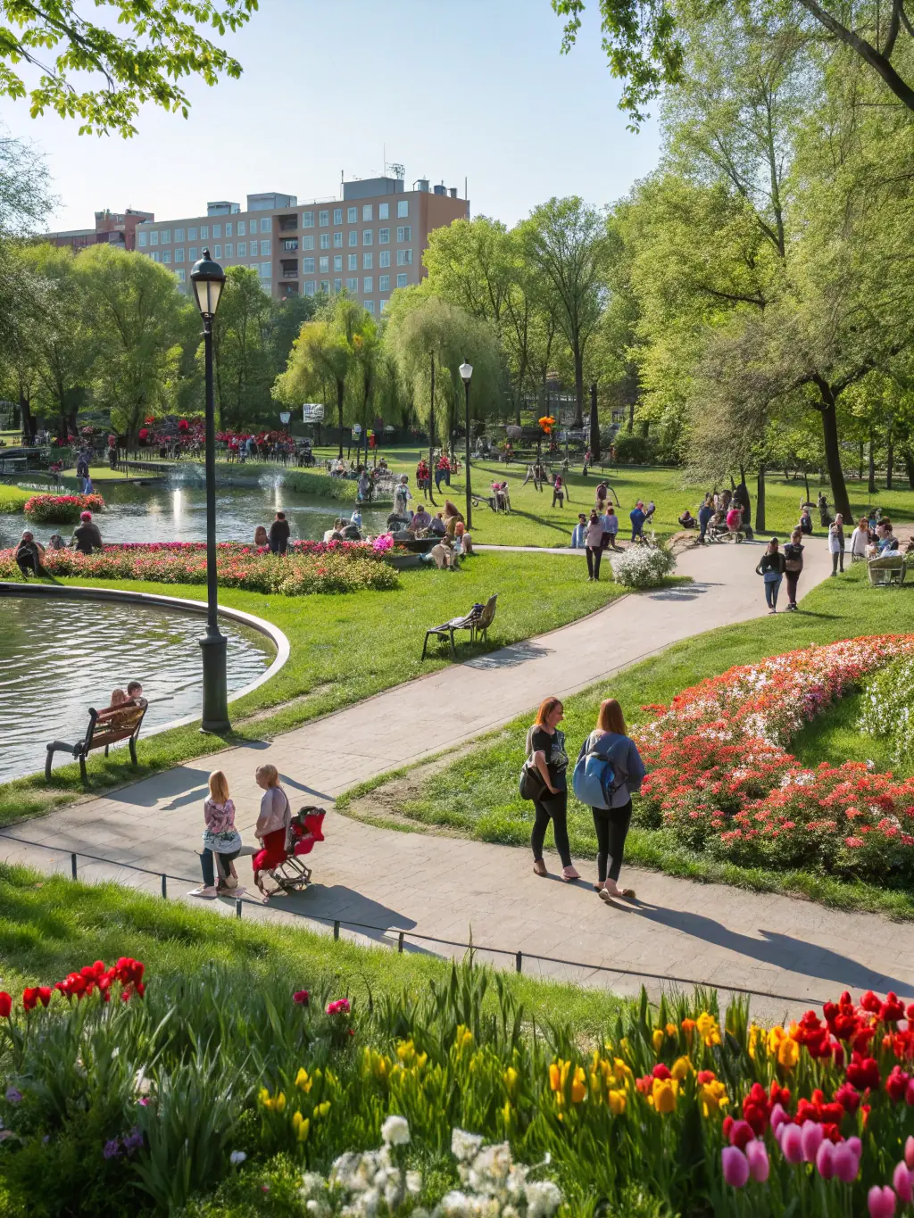 A high-angle, daytime photograph showcasing a meticulously designed urban park with walking paths, modern benches, and diverse plant life, emphasizing the blend of nature and urban space.
