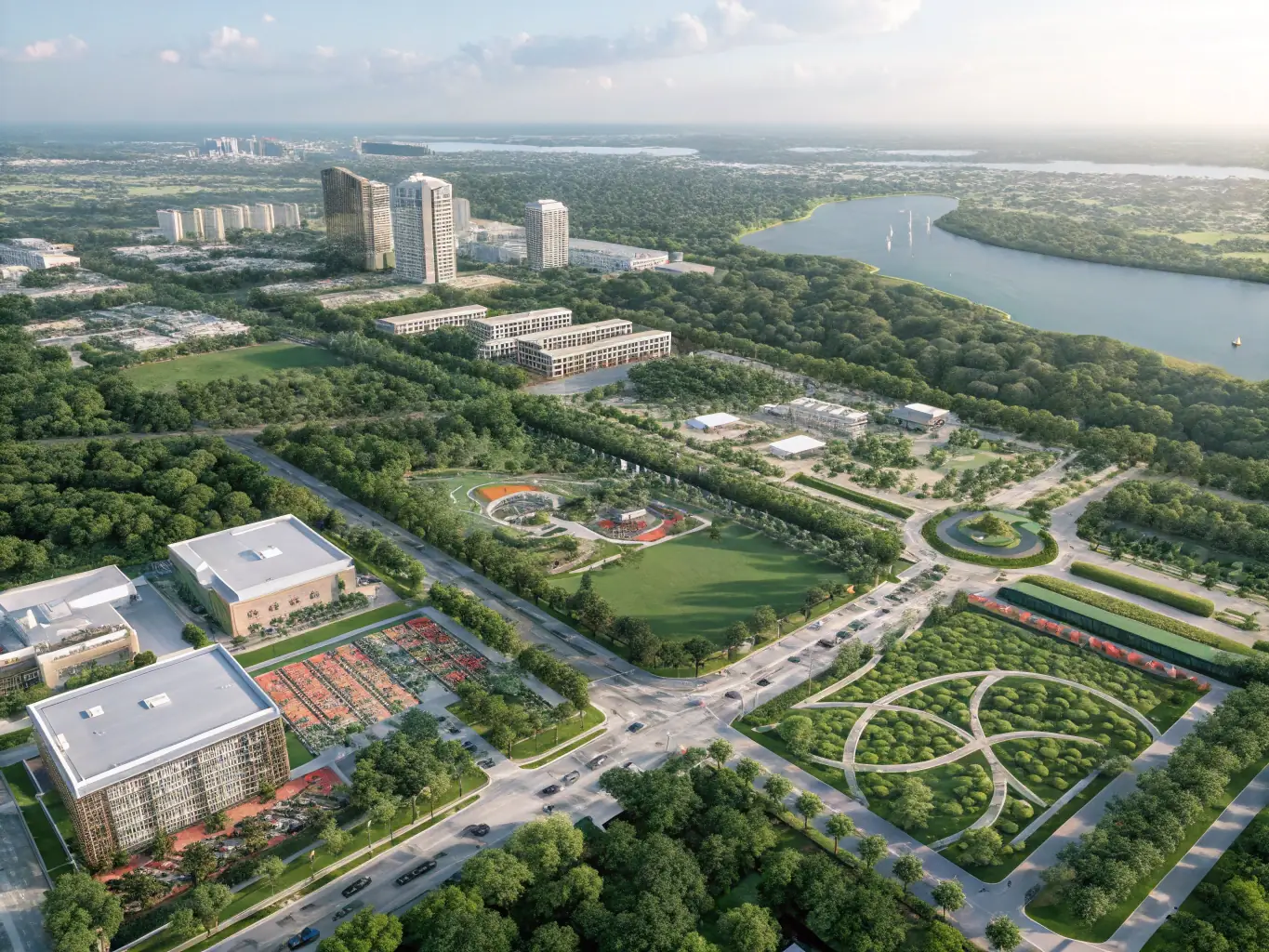 A high-angle, wide shot of a meticulously designed urban plan blueprint, showcasing detailed layouts of buildings, green spaces, and transportation networks, emphasizing precision and strategic planning.