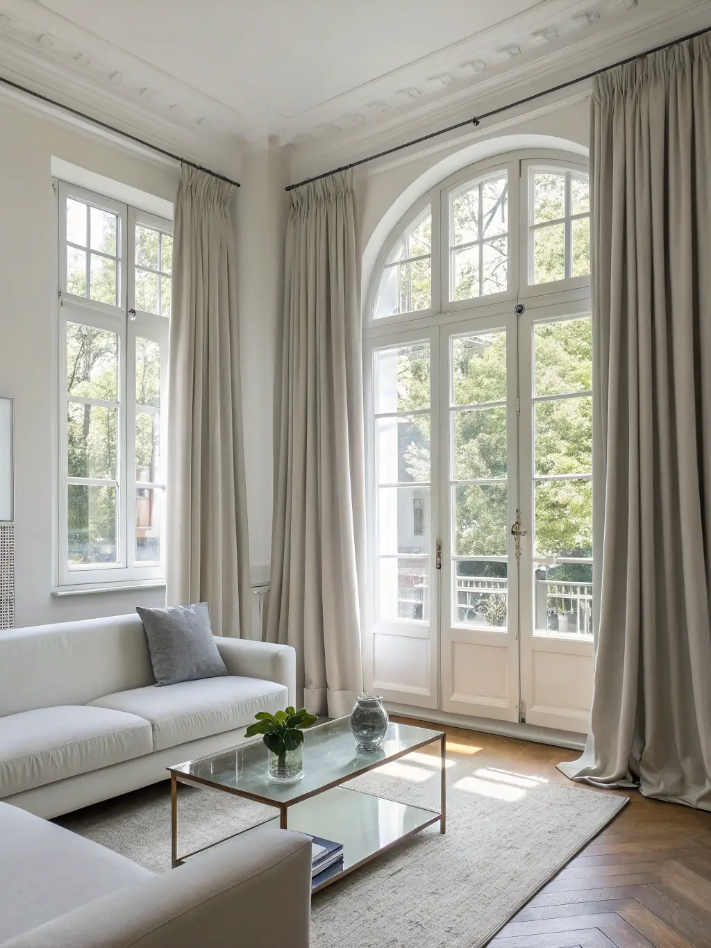 A brightly lit, minimalist living room showcasing AUD Concept's space planning expertise, with clean lines and open space.