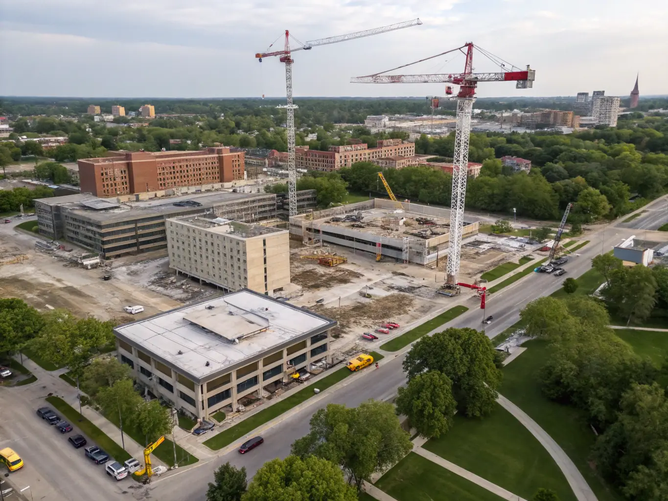 An aerial view of a revitalized urban center, featuring modern architecture, pedestrian-friendly zones, and lush green spaces, illustrating the successful transformation of a previously neglected area.