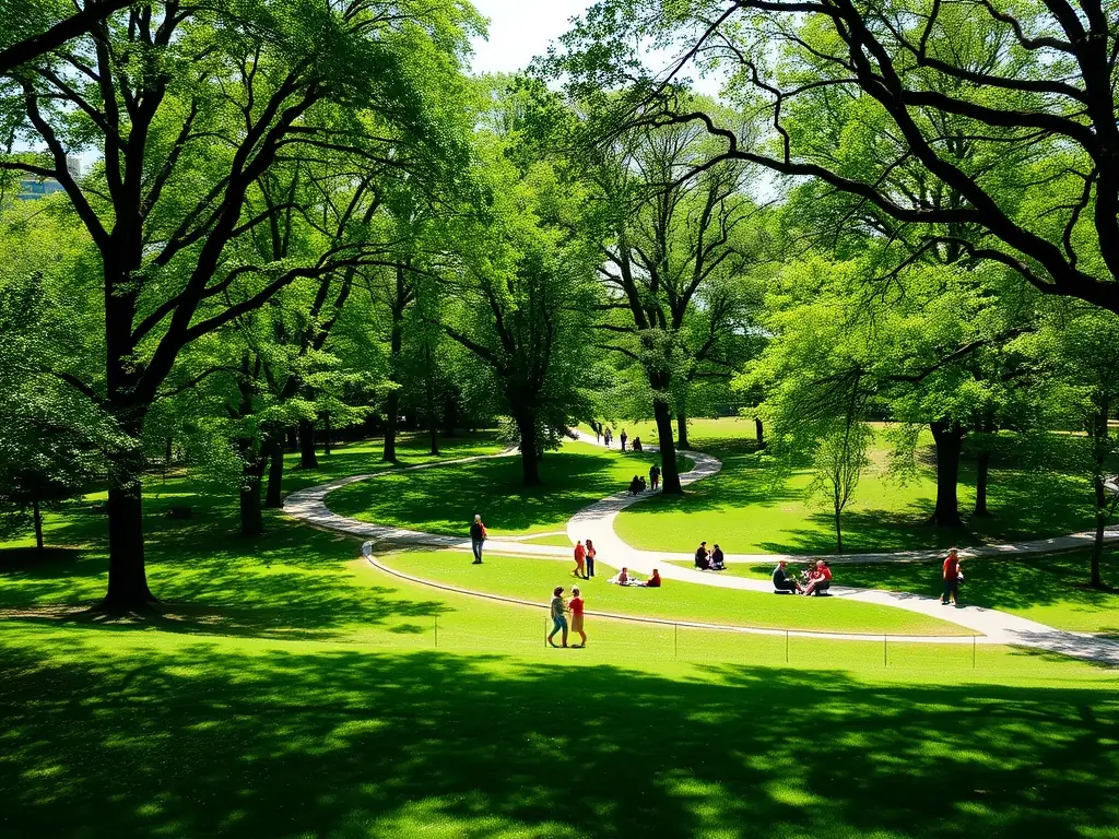 A serene urban park with winding pathways, mature trees, and contemporary landscape design elements, showcasing the integration of nature into the urban environment to enhance well-being and ecological balance.