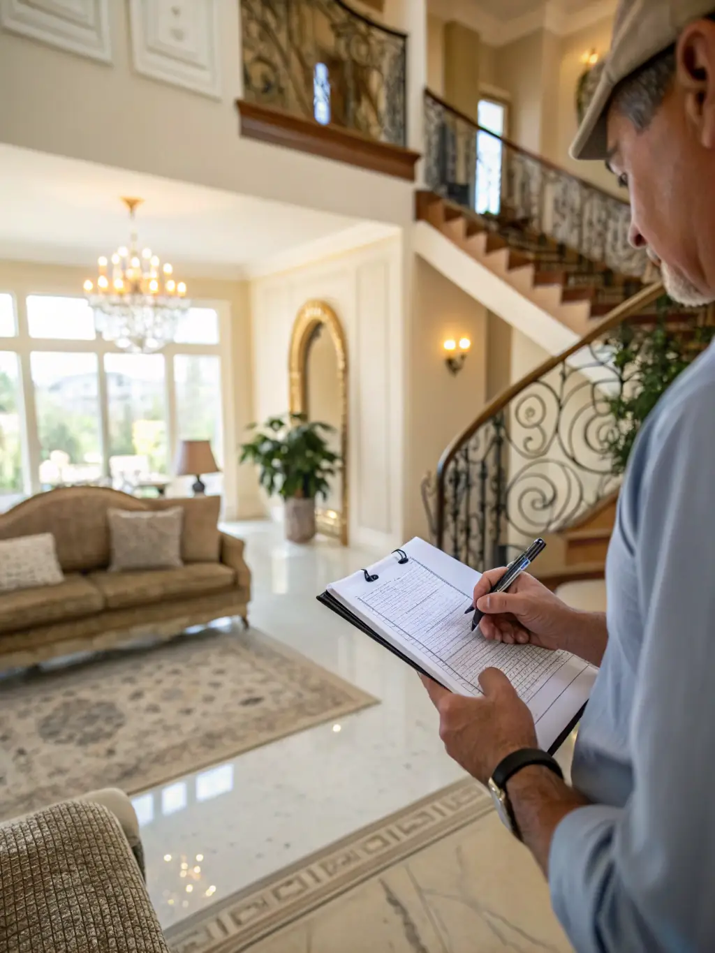 An image of a real estate appraiser inspecting a luxury property, focusing on the details that contribute to its market value.