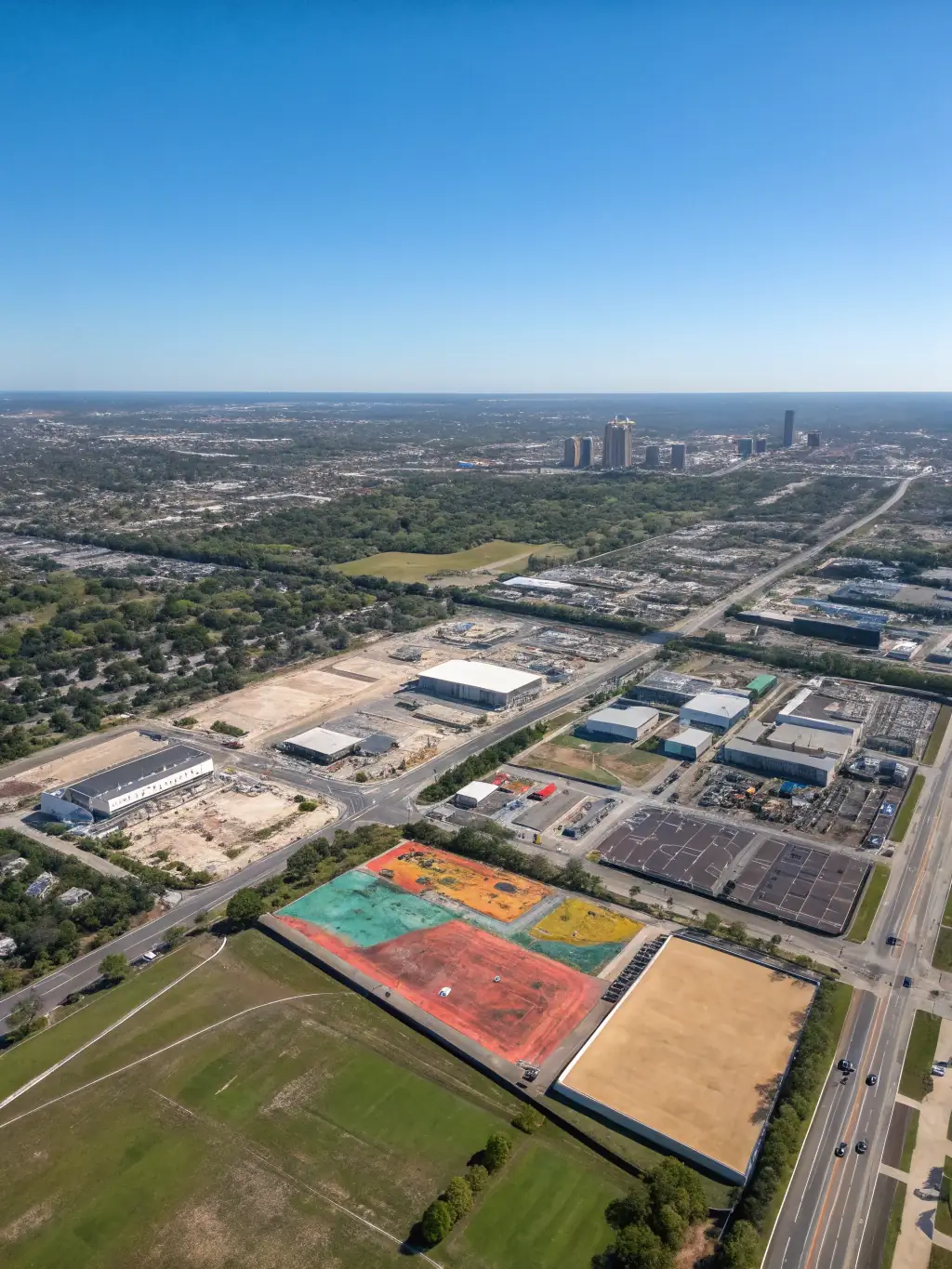 An aerial photograph of a well-planned urban area with a mix of residential, commercial, and green spaces, demonstrating efficient land use and connectivity.