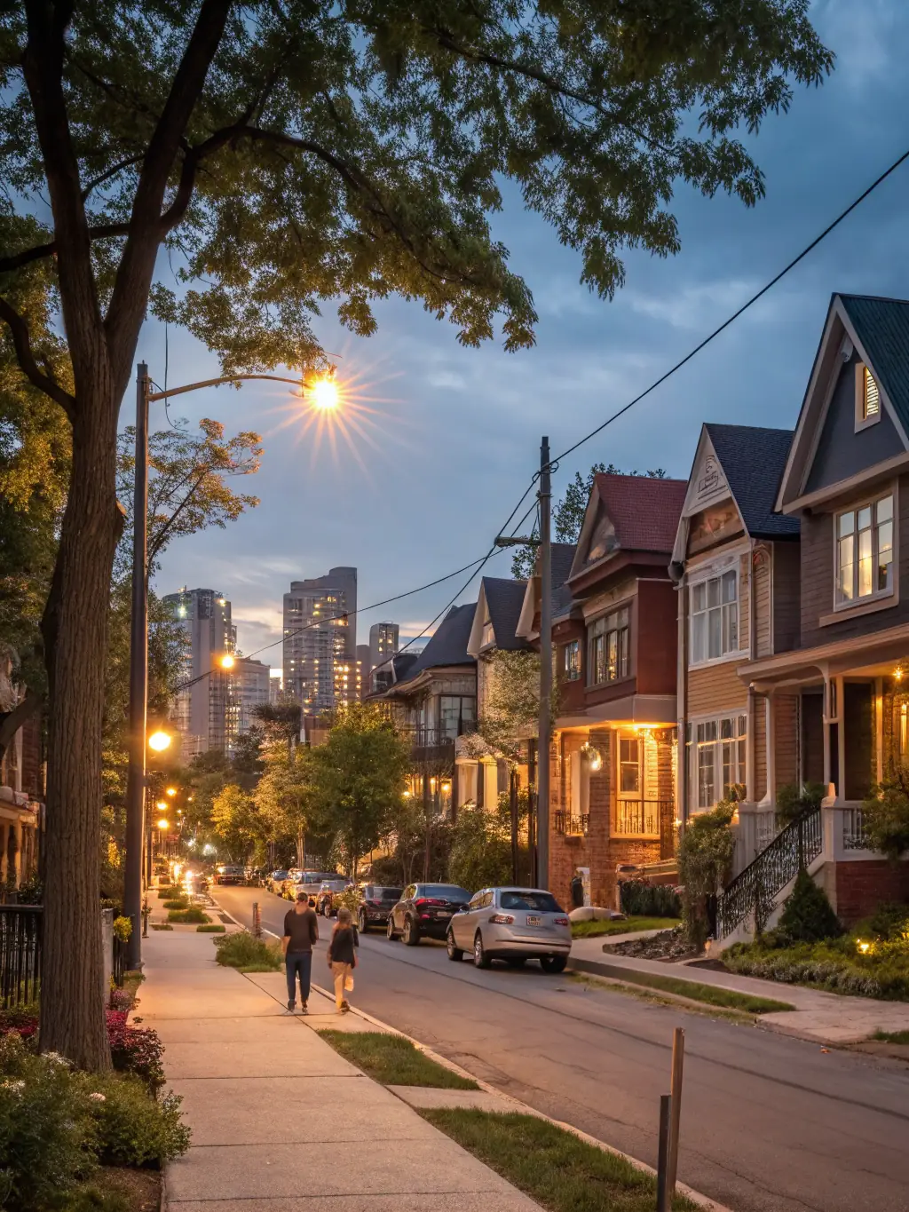 A nighttime photograph of a vibrant, pedestrian-friendly urban street with modern lighting, outdoor seating, and bustling activity, highlighting the revitalization of a downtown area.