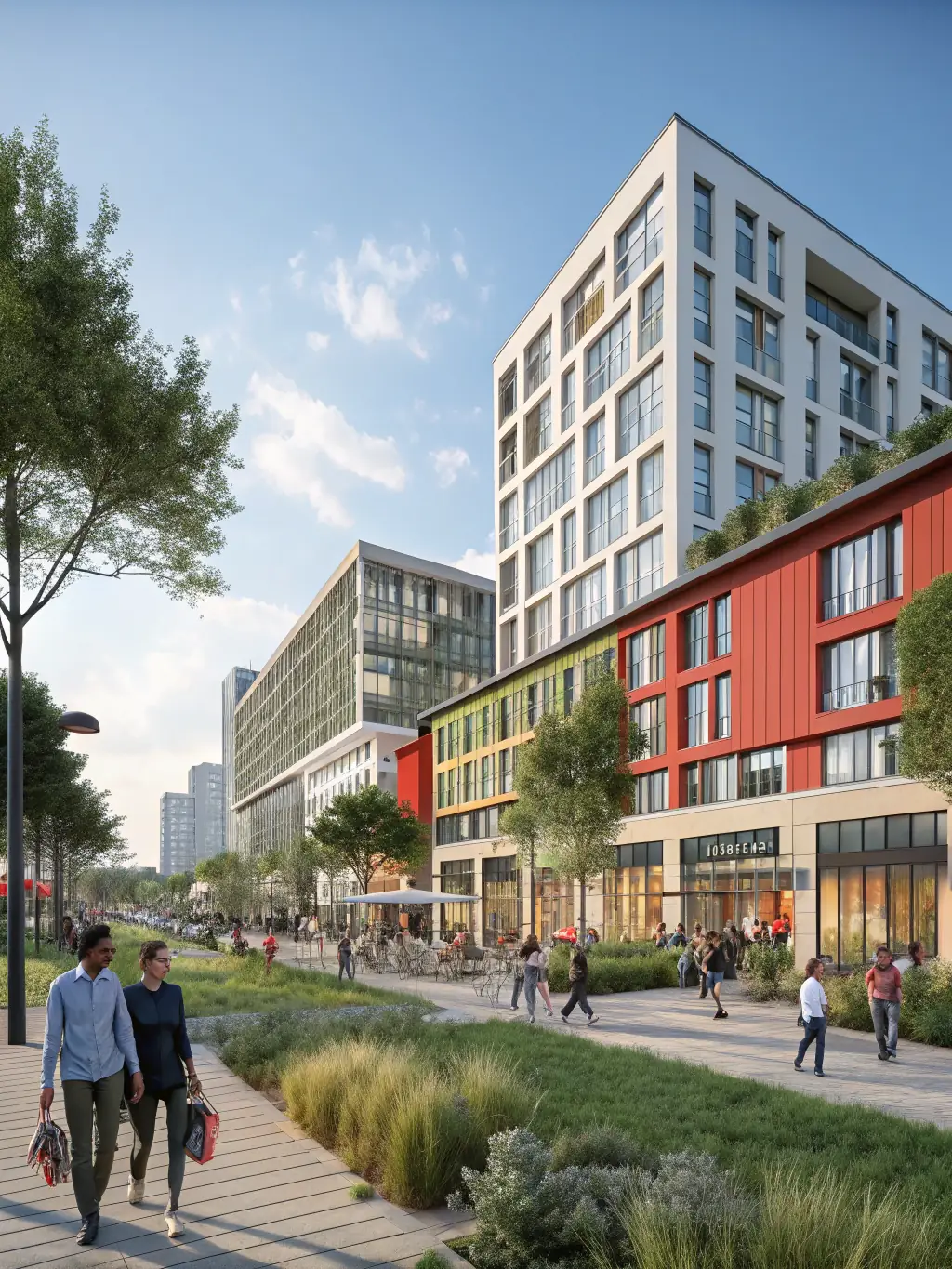 A detailed architectural rendering of a mixed-use urban development project, showcasing modern buildings, green spaces, and pedestrian areas, emphasizing sustainable design principles.
